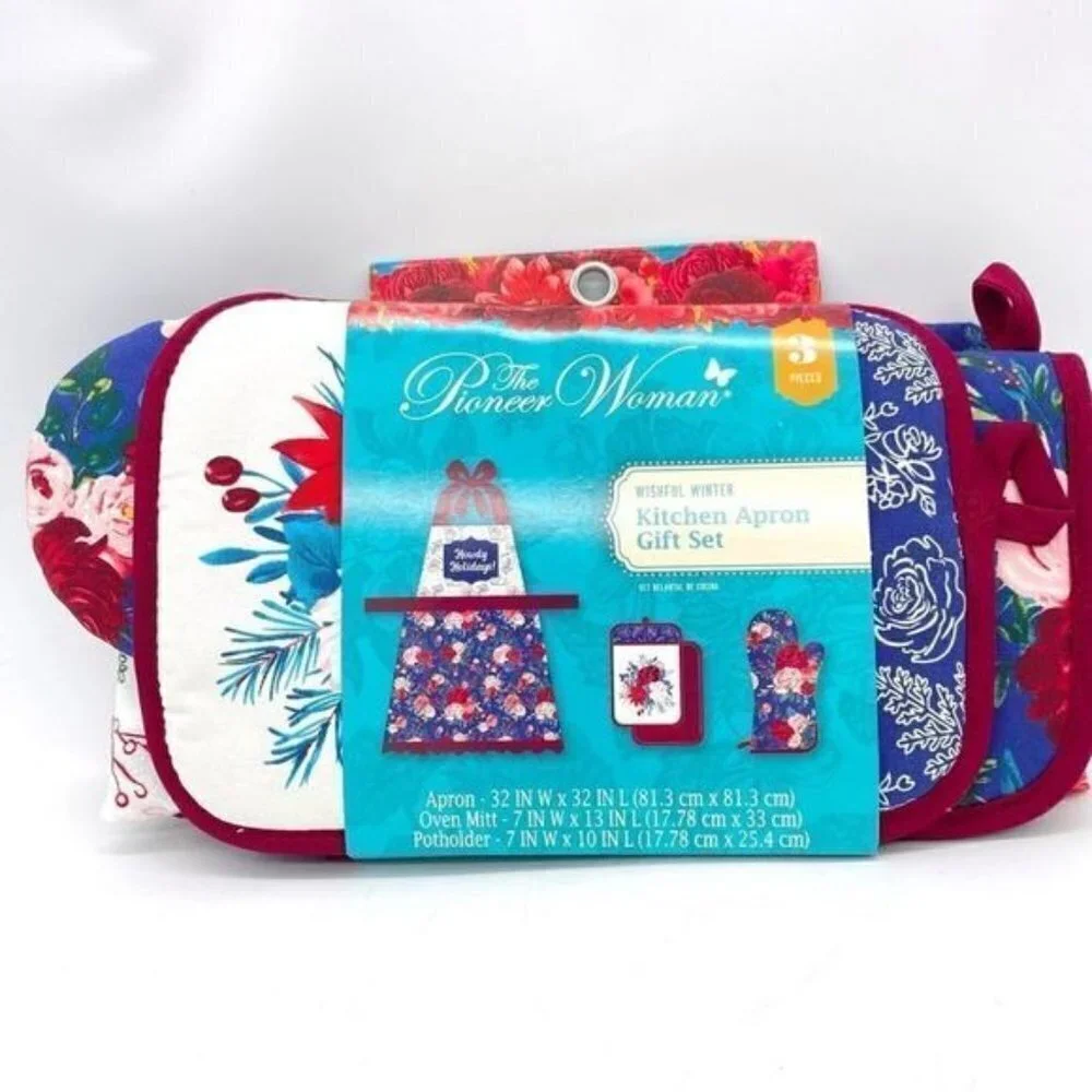 Pioneer Woman Howdy Holiday Kitchen Apron Potholder Mitt Set New